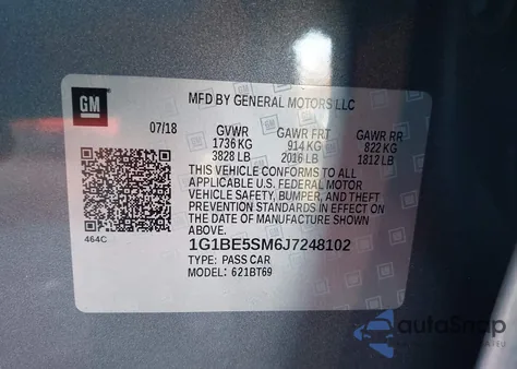 2018 Chevrolet Cruze Lt Auto z USA, uszkodzony, nr VIN 1G1BE5SM6J7248102